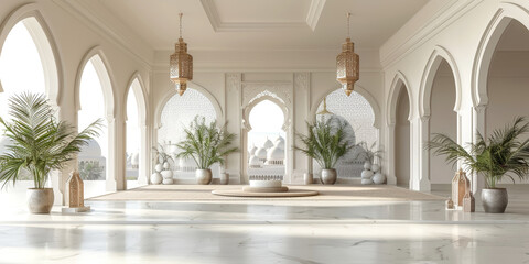 Fototapeta premium Elegant arabian-inspired interior with arched windows, lanterns, and potted plants, ideal for luxury hotel or cultural event promotion. Islamic New Year.
