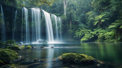 Traumhafter Wasserfall in die Natur eingebettet. Das Wasser rauscht und schafft eine friedliche und meditative Atmosphäre. Gefühl der Achtsamkeit.