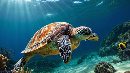 Obraz premium Stunning Majestic Large Endangered Sea Turtle Scouting For Food In Its Natural Habitat Underwater Photography Style 300 PPI High Resolution Image Background Wallpaper