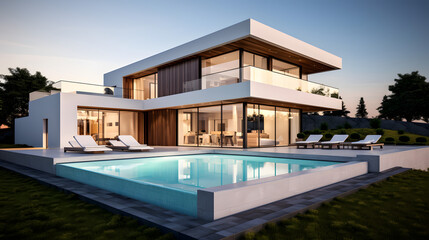 Fototapeta premium Modern Luxury House with a Large Pool, Stylish Architecture, and a Beautiful Outdoor Landscape Creating a Sophisticated and Elegant Living Space Ideal for Contemporary Lifestyles