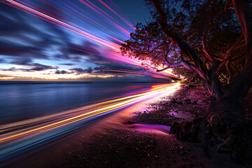 Colorful light trails create a vivid and dynamic scene on a beach at dusk capturing motion and light