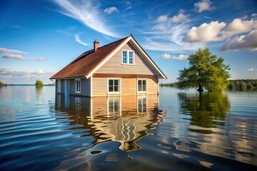 house submerged in water. Flood and sea level rising issue