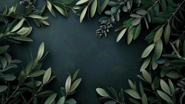 olive branches, eid al - adha background with green leaves on a dark background