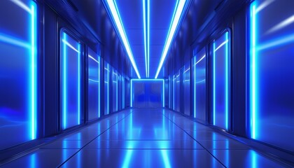 Neon blue lights in a futuristic room. Abstract interior with bright laser and LED elements. Dark corridor with modern shapes in a virtual space for technology and fashion themes.
