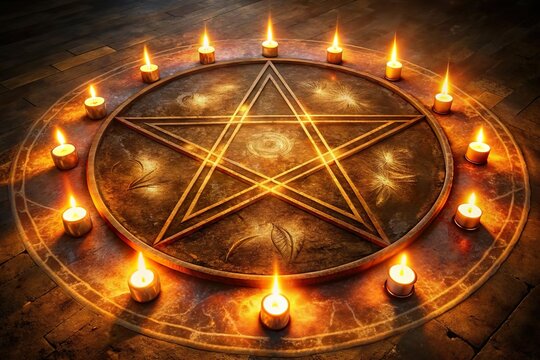 magic pentagram star summoning circle with candles
