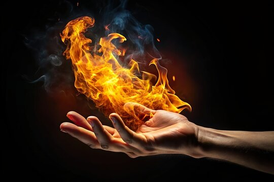 hand casting fireball magic on black background. Magician wizard fantasy concept