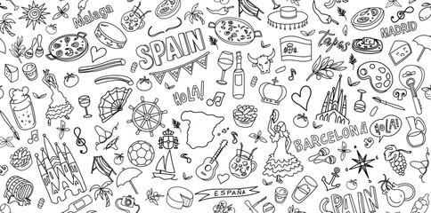 Spain Travel Doodle Line Art Illustration. Hand Drawn Vector Clip Art. background Banner Set Logos