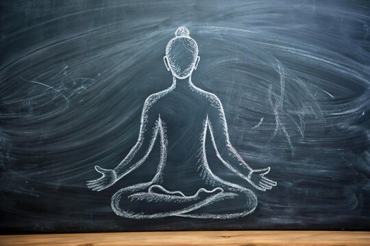 class board with meditating person drawing in chalk. Meditation and mindfulness course