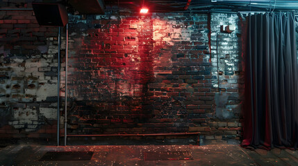 wall of underground nightclub, bricks, curtain
