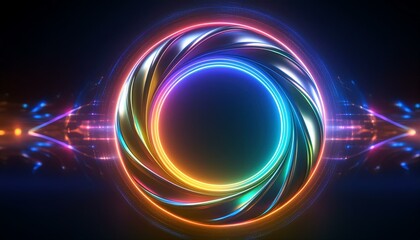 Obraz premium 3d fluid Circular glow as multicolored energy flows neon element abstract metallic holographic colored circle