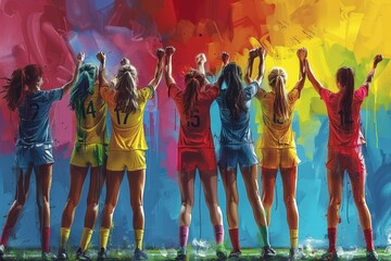 Six female soccer players celebrate with arms raised against a colorful, vibrant backdrop, exhibiting teamwork and joy