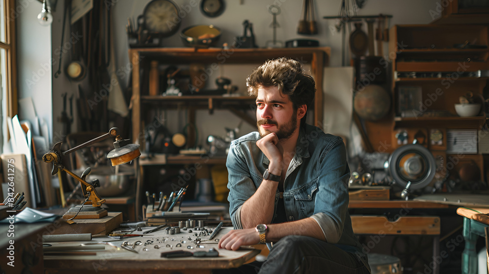 Wall mural Thoughtful Entrepreneur Sitting in Jewelry Workshop - Wall murals