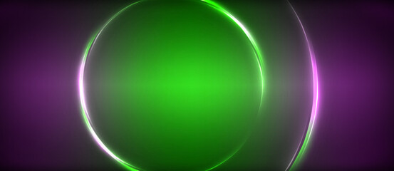 Neon glowing circle rays, light round lines in the dark, planet style neon wave lines. Energetic electric concept design for wallpaper, banner, background
