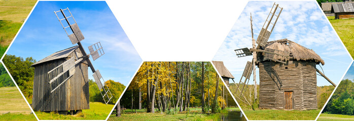 Traditional mill in ancient Ukrainian village. Collage. Free space for text. Wide photo. © alinamd