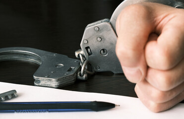 A close-up of a handcuffed man's hand clenched into a fist on a table. The picture shows a scene of...