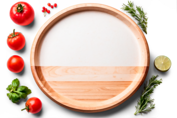 tomatoes and basil, rosemary near wooden plate isolated on transparent background, png file