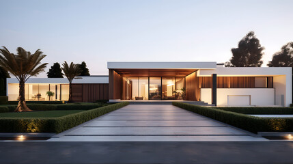 Obraz premium Luxurious Modern House with Infinity Pool and Evening Lighting