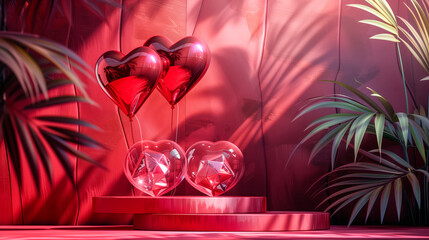 3D podium scene for valentine's day, christmas or romantic card. Background with 3D shapes with empty space for product or text.