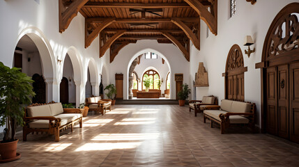 Obraz premium Interior of a Classic Church with Wooden Pews and Ornate Architecture