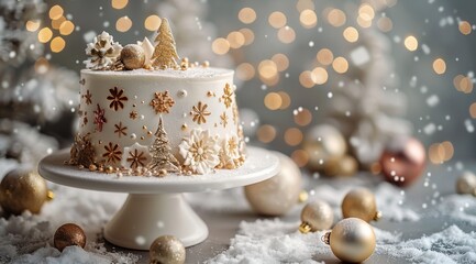 Fototapeta premium White Cake Decorated With Gold Ornaments and Snowflakes for Christmas Celebration