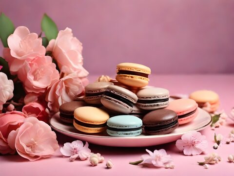 Plate with sweet macaroons and beautiful flowers on pink background.