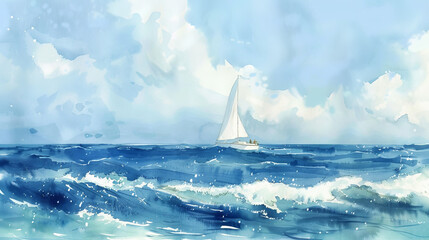 Against a backdrop of rolling waves, a lone sailboat navigates the vast expanse of the ocean, guided by the whisper of the wind. The fluid strokes of watercolor capture the dynamic energy of the sea,