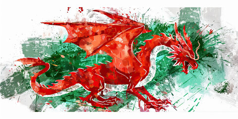 The Red Dragon: The Flag of Wales as a Symbol of Welsh Identity - Imagine the flag of Wales with its red dragon on a green and white background, symbolizing Welsh identity and pride