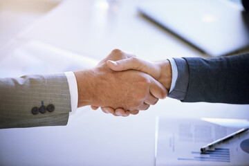 Business people, meeting and shaking hands for success, deal or advice with corporate auditor in...