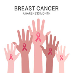 Breast Cancer Awareness Month concept. Hands with pink ribbon logo in flat design.