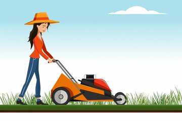Fototapeta premium A woman is seen from the front mowing a tidy lawn, epitomizing suburban life and homeownership