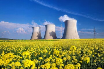 A scenic landscape featuring towering nuclear power plant cooling towers emitting clouds against a vivid blue sky and a field of bright yellow flowers in the foreground.