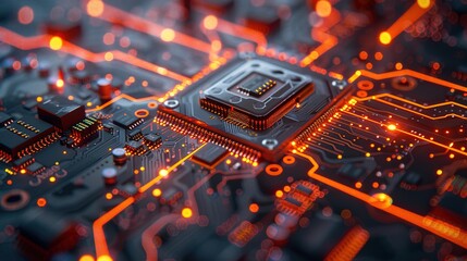 secure connection or cybersecurity service concept of compute motherboard closeup and safety lock