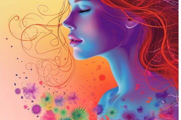 Vibrant abstract design with colorful representations of bacteria and a woman's silhouette with flowing hair