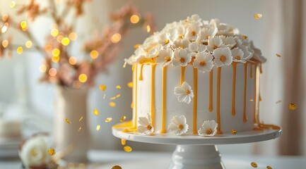 White Cake Decorated With Yellow Drizzle and White Flowers