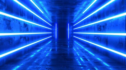 Fototapeta premium Futuristic tunnel with neon glow and modern interior. Abstract corridor with geometric design and luxury illumination. Suitable for party and night club scenes.
