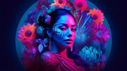 Vibrant and Artistic Portrait of a Woman with Neon Colors Creating a Dynamic and Striking Visual Design Full of Colorful Expression and Creativity Ideal for Modern Art Enthusiasts
