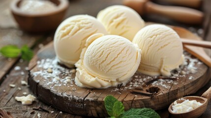 Fototapeta premium Scoops of creamy vanilla ice cream on rustic wooden board