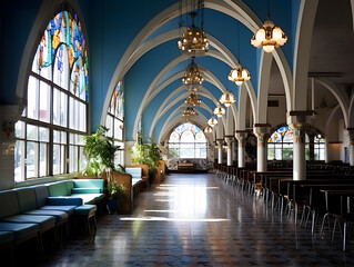 Fototapeta premium Majestic Cathedral Interior with High Ceilings, Stained Glass Windows, and Grand Architectural Details Creating a Sense of Grandeur and Spirituality Ideal for Historical and Architectural Enthusiasts