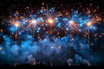 A spectacular display of fireworks with vivid blue and golden hues lighting up the dark sky