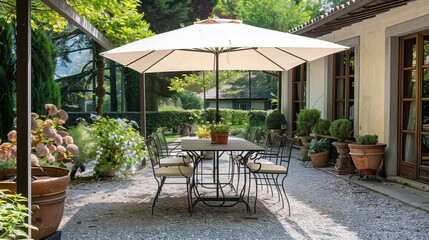 Fototapeta premium A garden dining area with a wrought iron table set under a large umbrella.