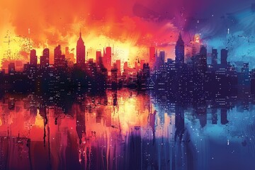 Dynamic representation of a city skyline with bright colors and reflections, conveying energy and urban life