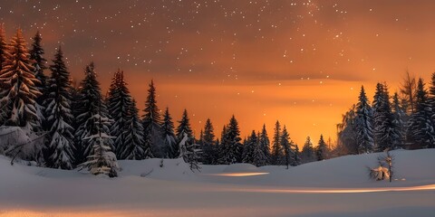 Fototapeta premium Night sky with stars over a snowy winter forest. Concept Astro Photography, Starry Night, Winter Wonderland, Snowy Forest
