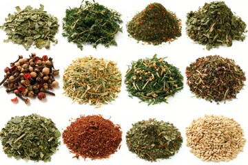 Fototapeta premium Assorted organic dried herbs and spices on white background