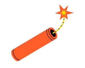 Hand drawn cute cartoon illustration of dynamite with a burning wick. Danger explosive weapon. Flat vector stress or problem in doodle style. Planning or time management icon. Event deadline. Isolated