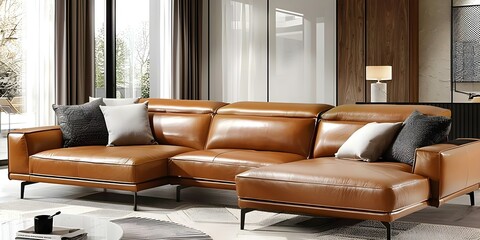Chic living room with designer leather sofa wide angle view stylish decor. Concept Living Room Decor, Stylish Sofa, Wide Angle View, Designer Leather Furniture, Chic Interior Design