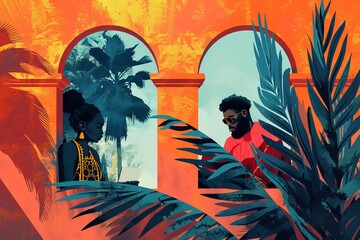 Artistic digital illustration featuring a couple separated by foliage and arches in a tropical setting at sunset