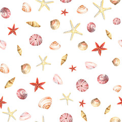 Beach seamless  pattern with shells, sky, blades of grass   Stock illustration . Hand painted in watercolor.
