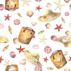 Beach seamless  pattern with shells, sky, blades of grass   Stock illustration . Hand painted in watercolor.