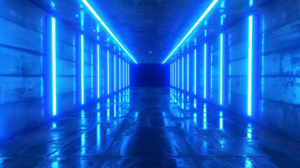 Futuristic neon room with glowing atmosphere and modern interior. Abstract tunnel design with cinematic perspective and electronic elements. Ideal for nightlife and party settings.
