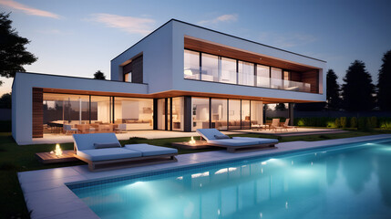 Fototapeta premium Modern Luxury House with a Large Pool, Stylish Architecture, and a Beautiful Outdoor Landscape